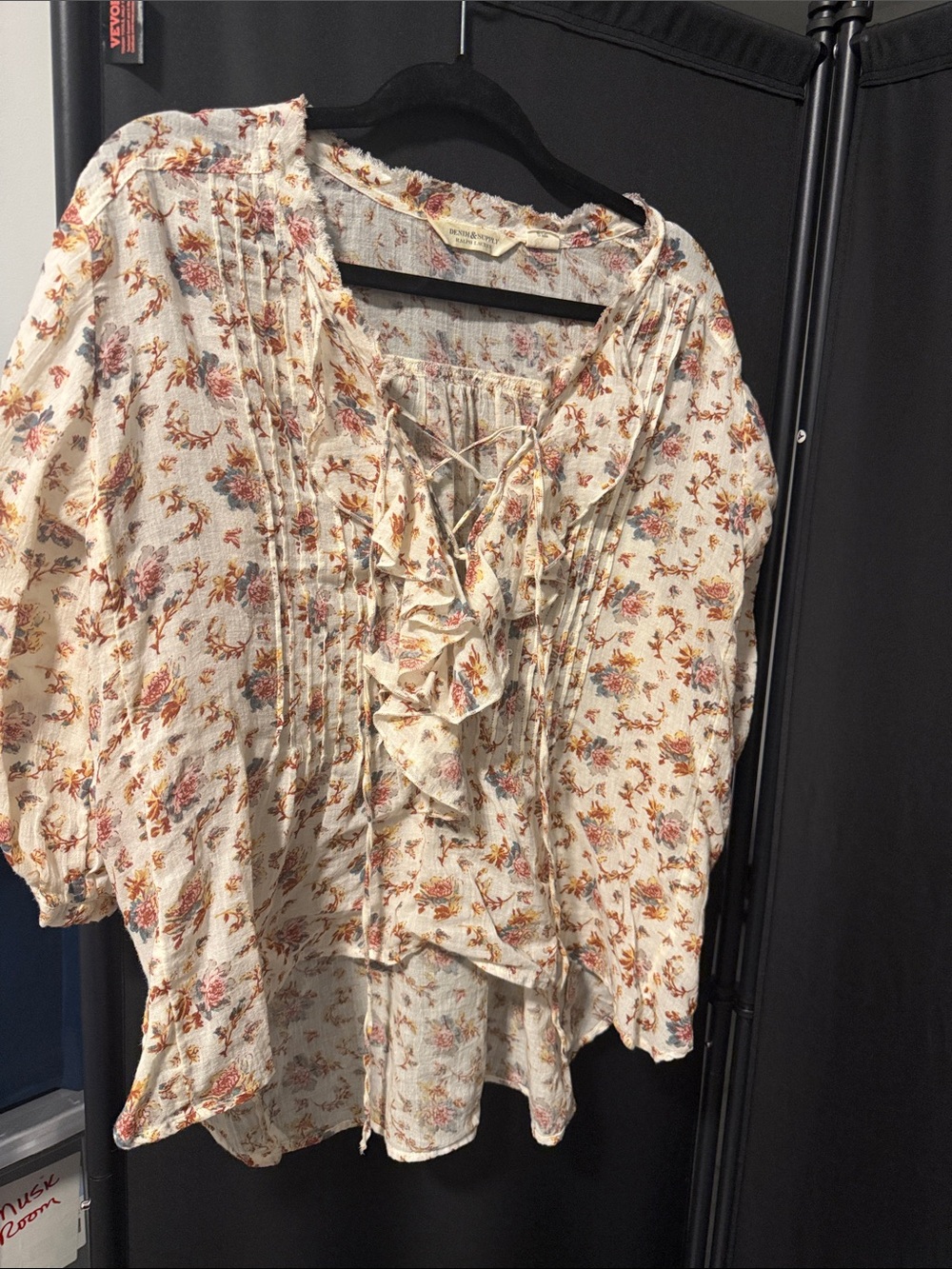 Denim and supply, Ralph Lauren Floral Ruffle Lace-Up Peasant Blouse - Cream - Picture 2 of 2